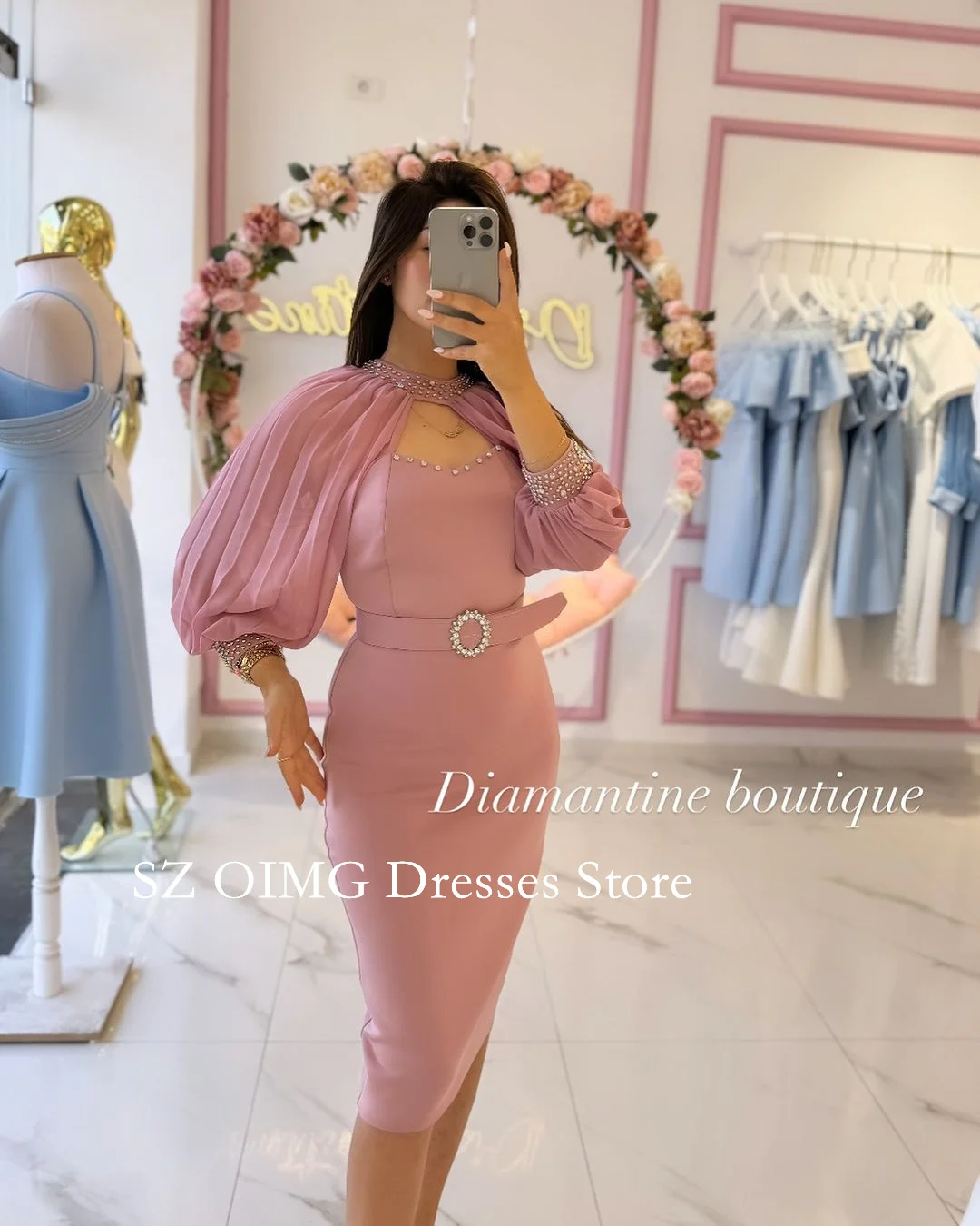 

OIMG 2024 New Summer Women's Maxi Pink Crepe Satin Prom Dress Puff Sleeves Fashion Celebrity High Neck Crystals Party Dress