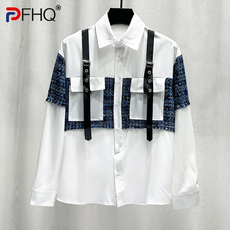 

PFHQ Men's Korean Splicing Woven Shirts Small Fragrant Style Personalized Trend Long Sleeved Delicacy Cool Tops Summer 21Z4151