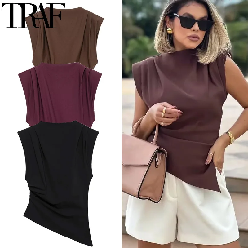 TRAF 2025 Woman Ruched Sleeveless Tops Summer Asymmetrical Tank Tops Women Streetwear Black Red Top Party Casual Solid Tops