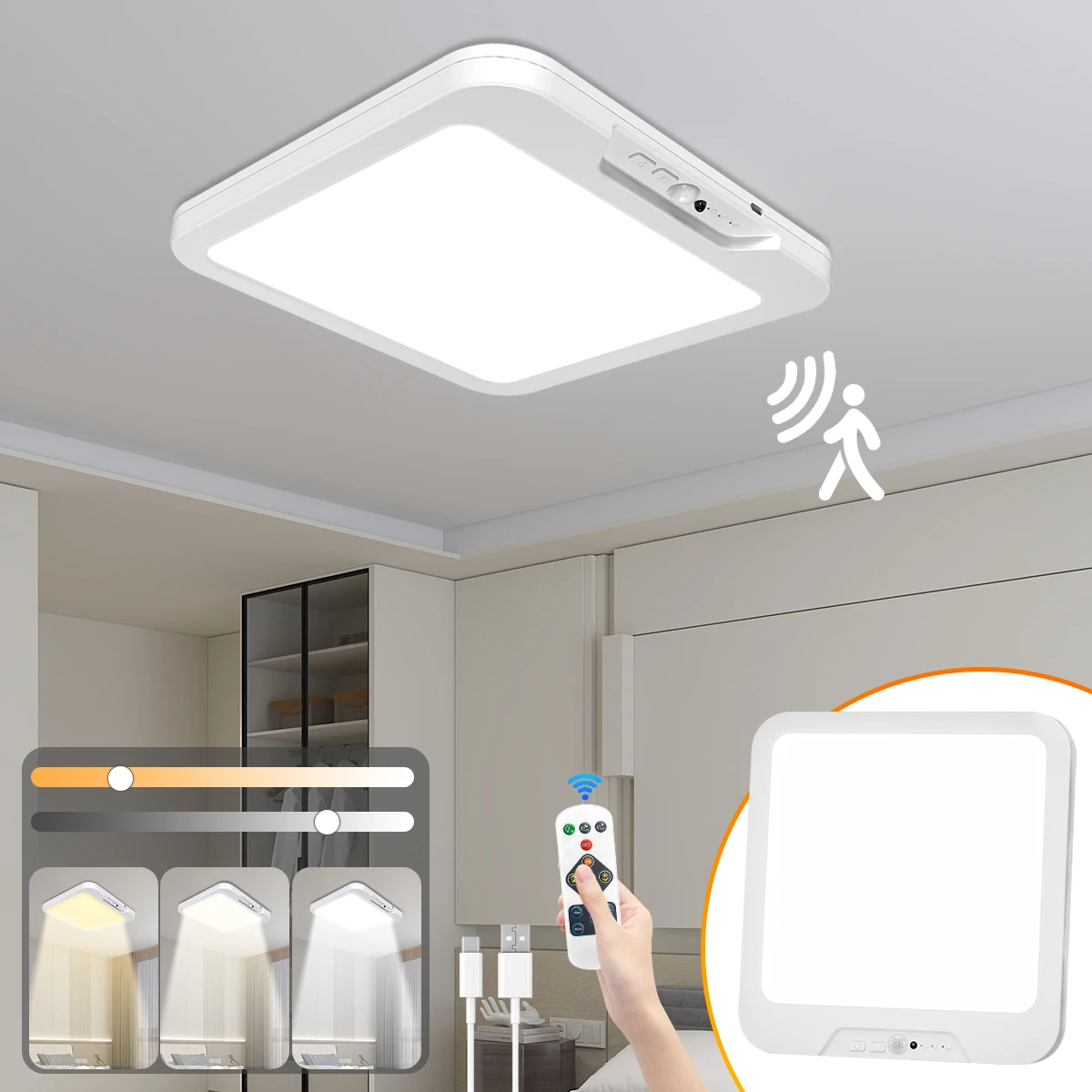 

4PC/2PC/1PC Rechargeable Battery Operated Ceiling Light, Motion Sensor Light Indoor with Remote 3000K 4500K 6500K