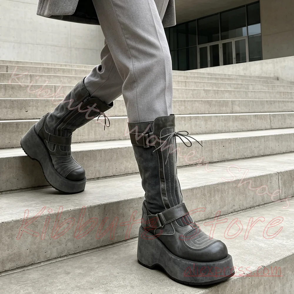 Patchwork Knee High Platform Boots Buckle Strap Women Side Zip Round Toe Gothic Retro Shoes Fashion Luxury Mixed Color Concise