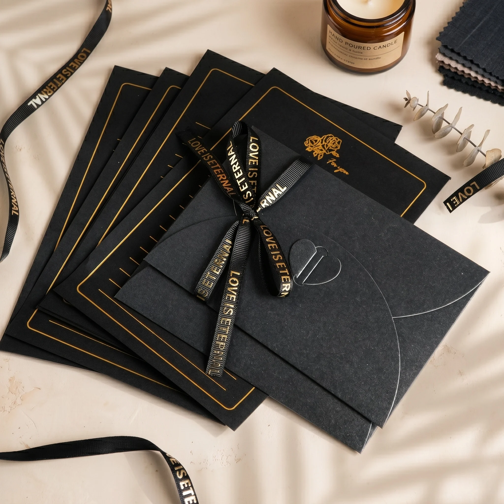 

Black Gold Foil Luxury Stationery Envelope Set, Romantic Love Letter Paper for Wedding Invitation Birthday Greeting Card Gift