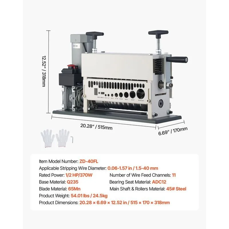 Electric Wire Stripper Machine, 0.06-1.57 in, 11 Channel Automatic Copper Cable Stripper, 370W Wire Stripper Tool with Manual Hand Crank Mode, Emergency Stop Button, for Scrap Copper Recycling