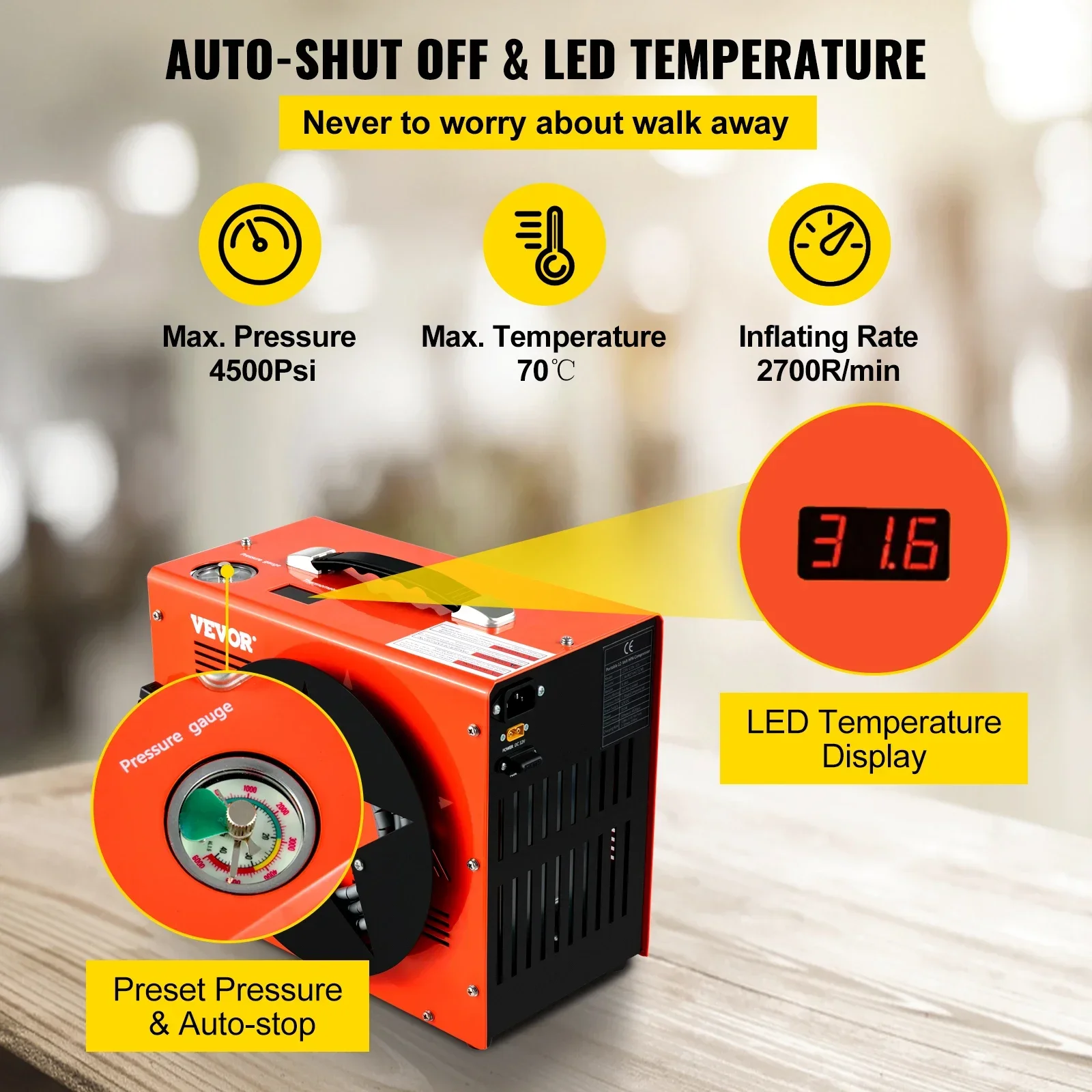 

4500Psi PCP Air Compressor High Pressure Pump 12V 110V 220V Built-in Adapter & Fan Auto-stop for Air Rifle, Diving Bottle