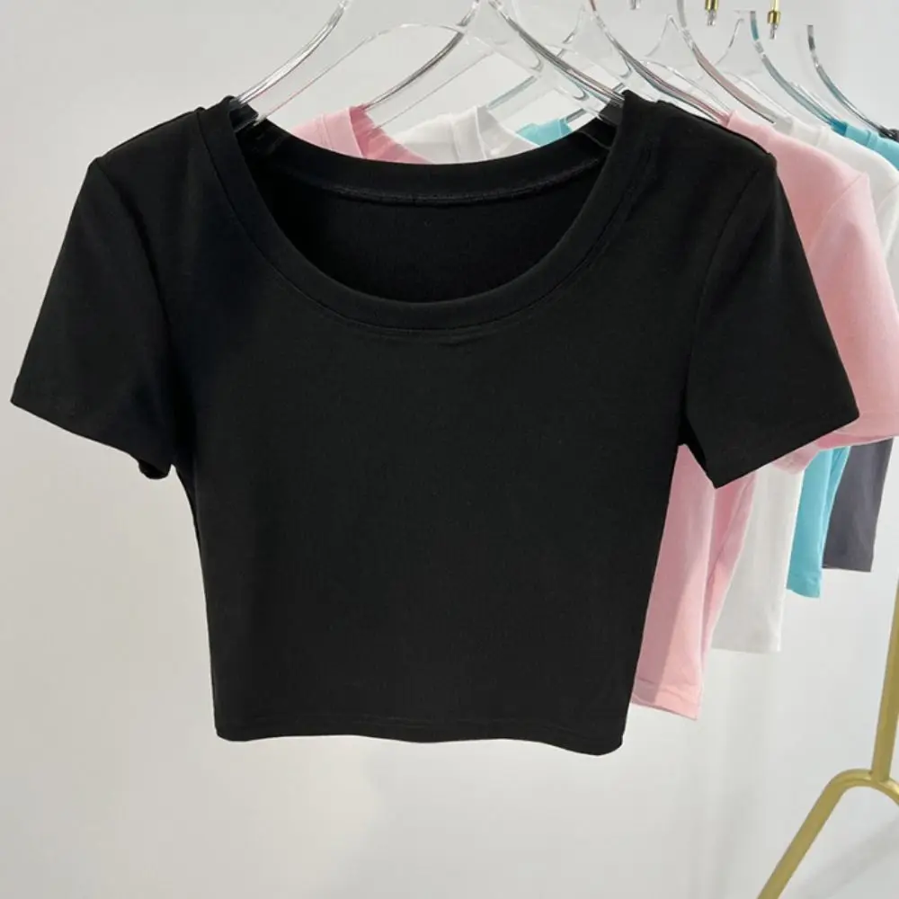 

Fashion Basic Short Sleeve T Shirt Y2k Round Neck Slim Crop Tops All-match Solid Color Tees Shirts Women Woman