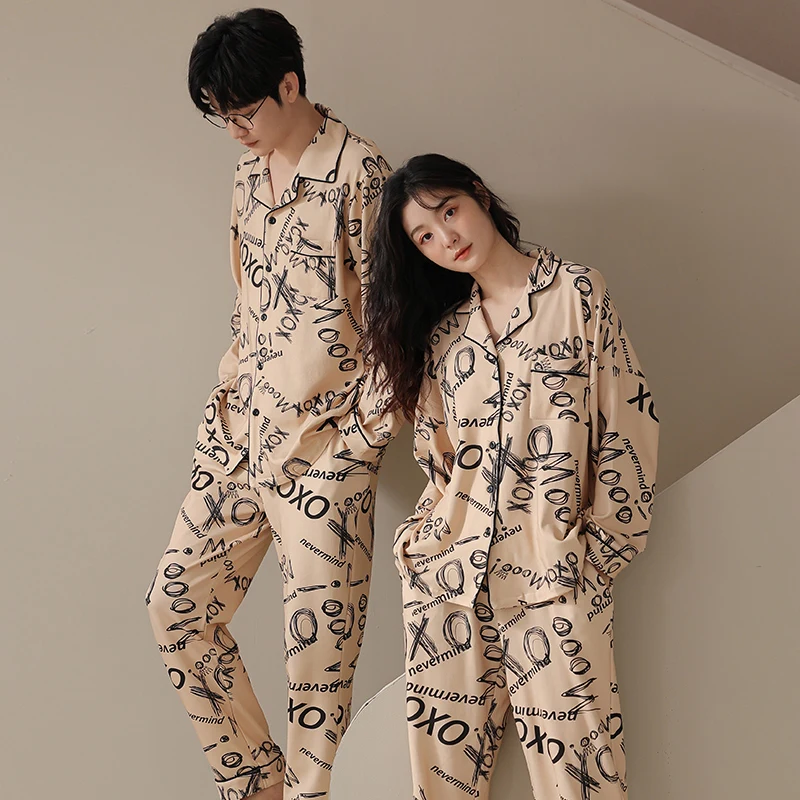 Loose all cotton couple pajamas with personalized letter printing for men and women's home spring and autumn set M-3XL