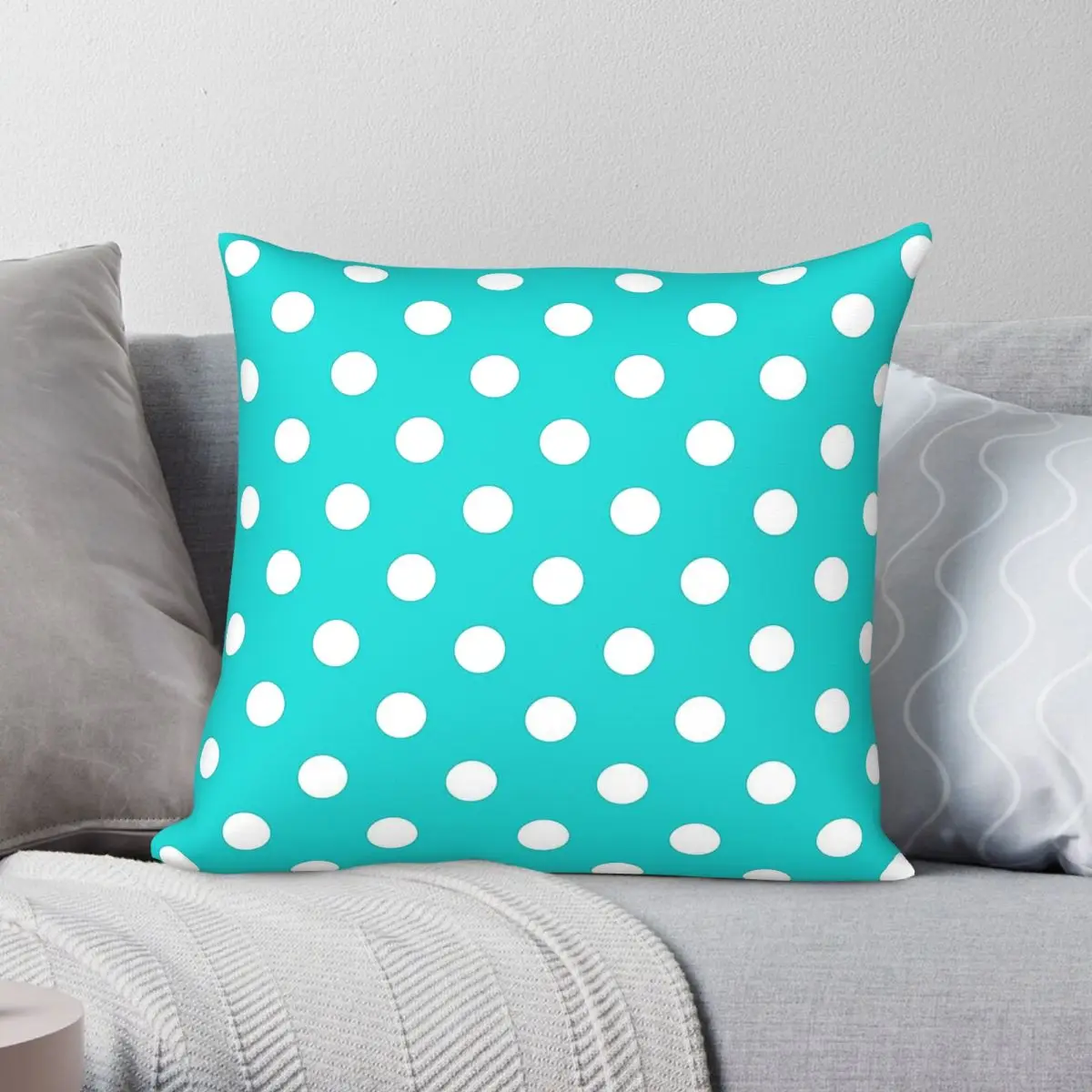White Polka Dots Turquoise Square Pillowcase Polyester Linen Velvet Printed Zip Decorative Throw Pillow Case Car Cushion Cover