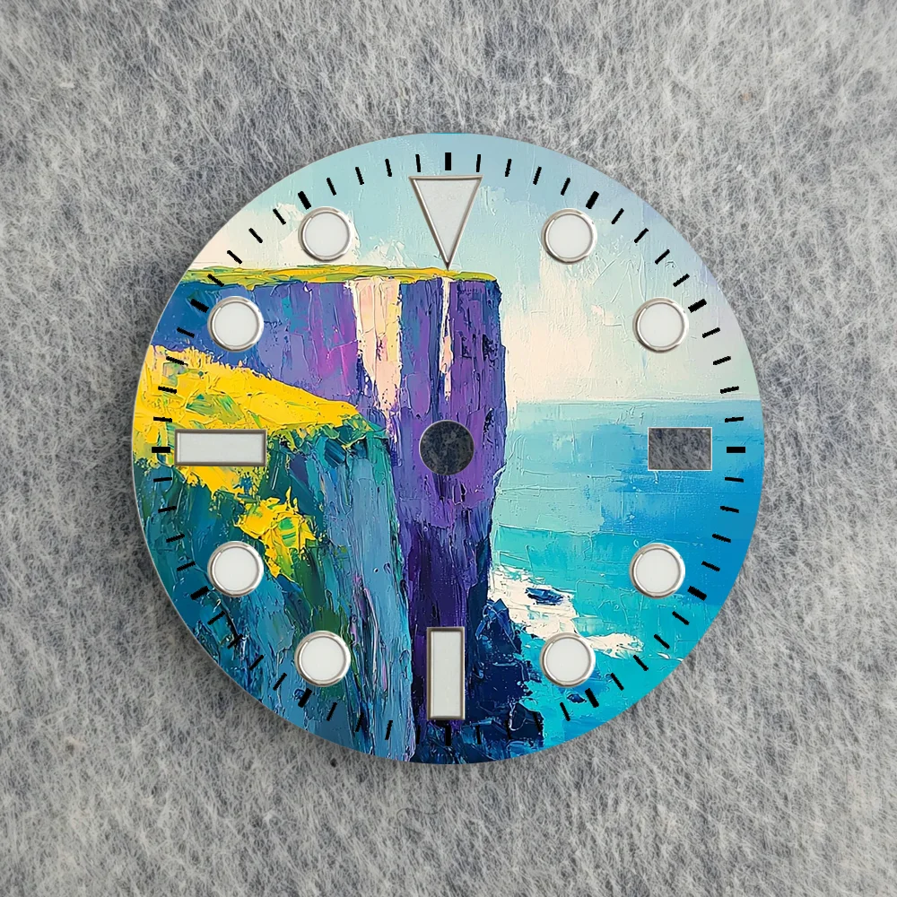 28.5mm Coastal Cliff Impressionist Oil Painting Diver Watch Dial Metal Indexes Custom Mod Parts for NH35 Mechanical Watches