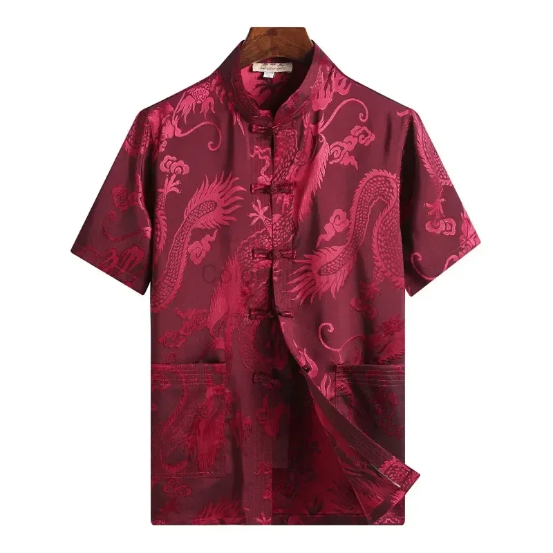 Traditional Chinese Clothing for Men Red Tang Suit Hanfu Short Sleeve Shirt Vintage Kung Fu China Tops Embroidery Clothes