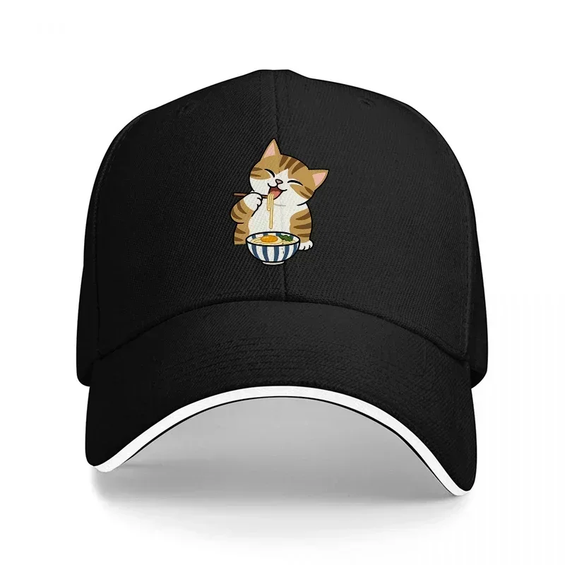 New Cute Cat Eating Ramen Baseball Cap Black with White Trim Fun Animal Design for Casual Wear and Daily Outfits