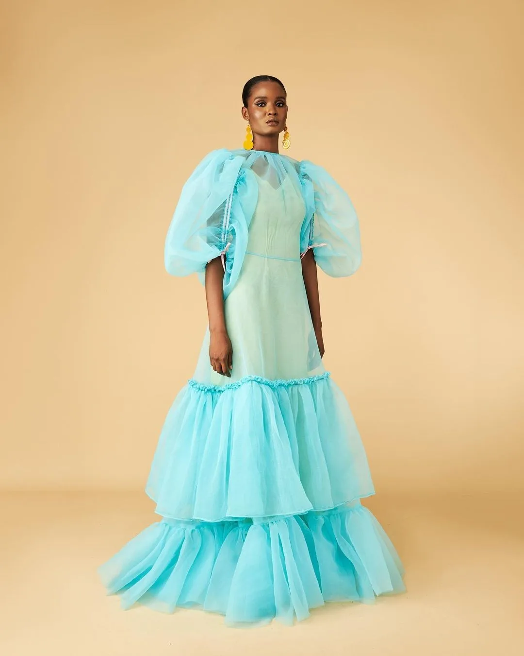 Couture Elegant Sky Blue Organza Long Women Maxi Dresses Half Puff Sleeves Tiered Bottom Female Party Gowns