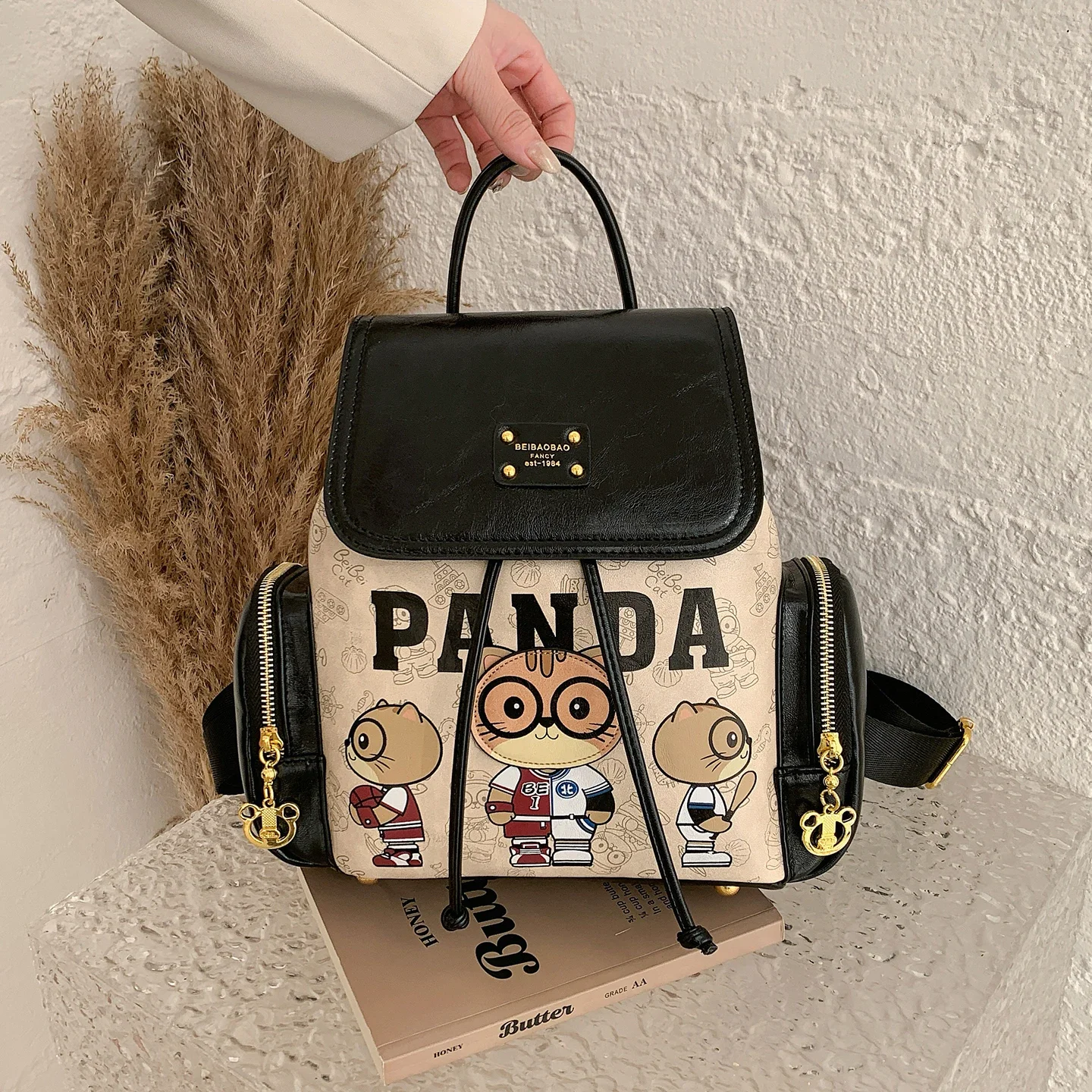 Drawstring Flap Cute Cartoon Animal Print Small Backpack Casual Travel Daypack Men Women Adults Teens Students School Bag
