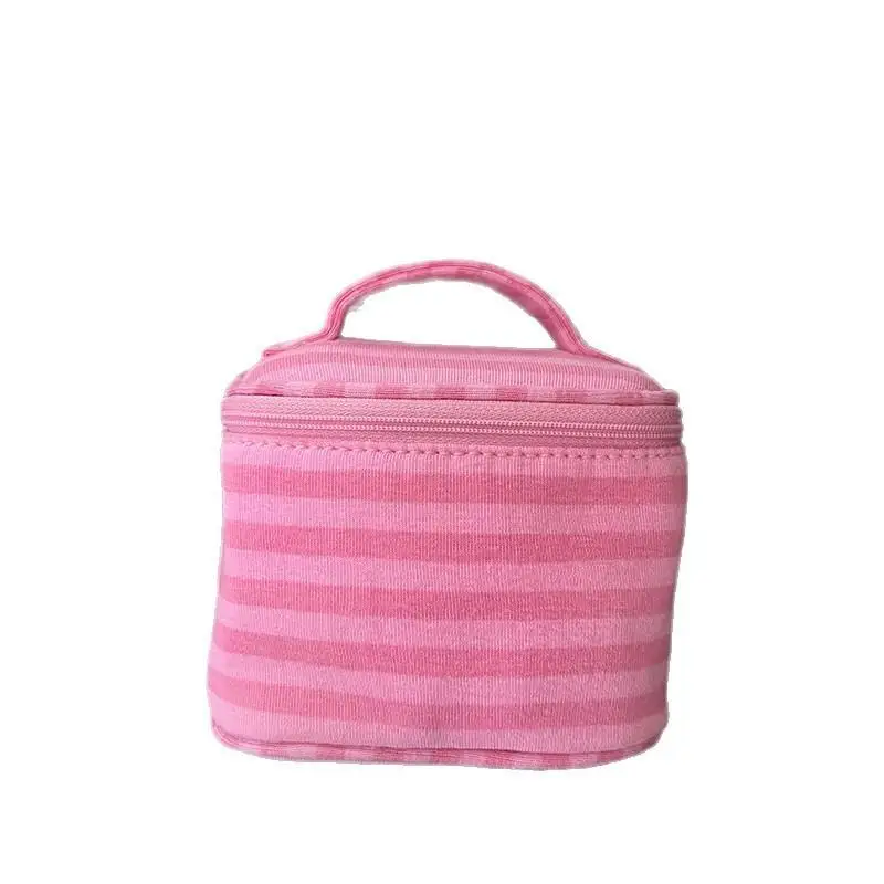 Rosa gestreifter, geräumiger, tragbarer Reise-Make-up-Beutel mit Spiegel, Handtasche für Toilettenartikel, Organizer für Frauen, Geschenk für Damen – Detail 5