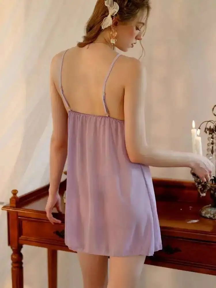 فستان مثير شفاف من الدانتيل الشبكي بلون واحد بدون ظهر بحمالات عميقة على شكل حرف V بدون أكمام فستان أنيق ساحر رغبة نقية ناري S5HH