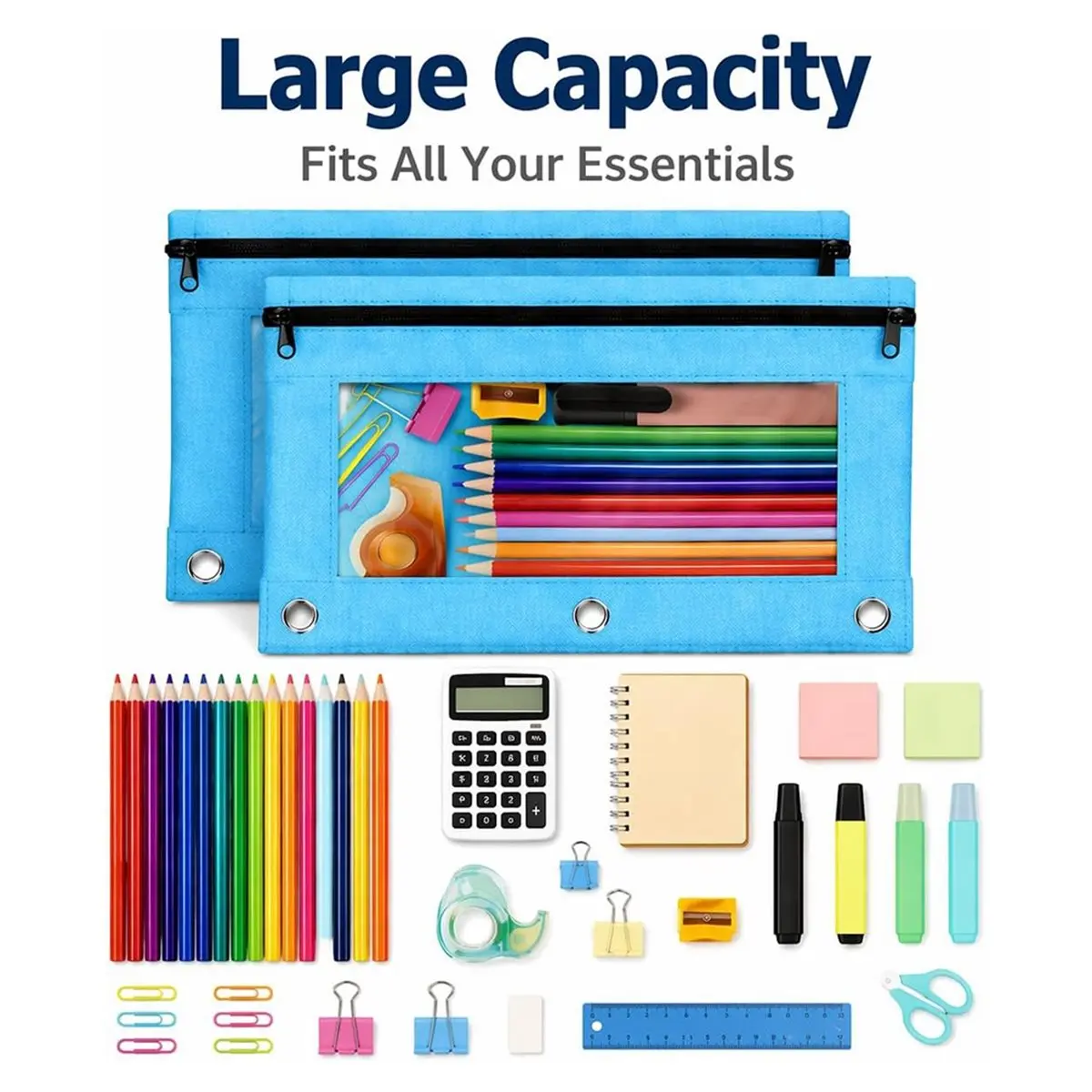newA10R 12 Pack Pencil Pouch for 3 Ring Binder, 3-Holes Zipper Pencil Pouches with Clear Window, Pencils Bags
