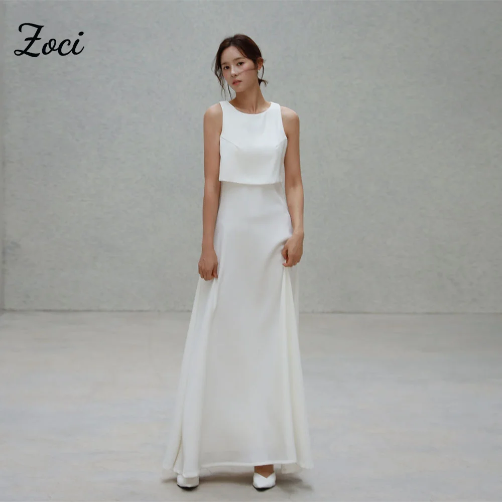 

Zoci Scoop Collar Sleeveless Simple Evening Dresses A-line Floor-Length Elegant Wedding Reception Dresses Customized Photo Shoot