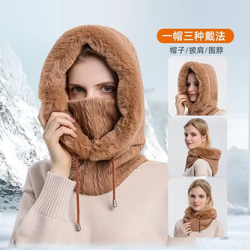 

Autumn and winter foreign air fur hat women outdoor riding head set ski warm mask neck two in one thickened