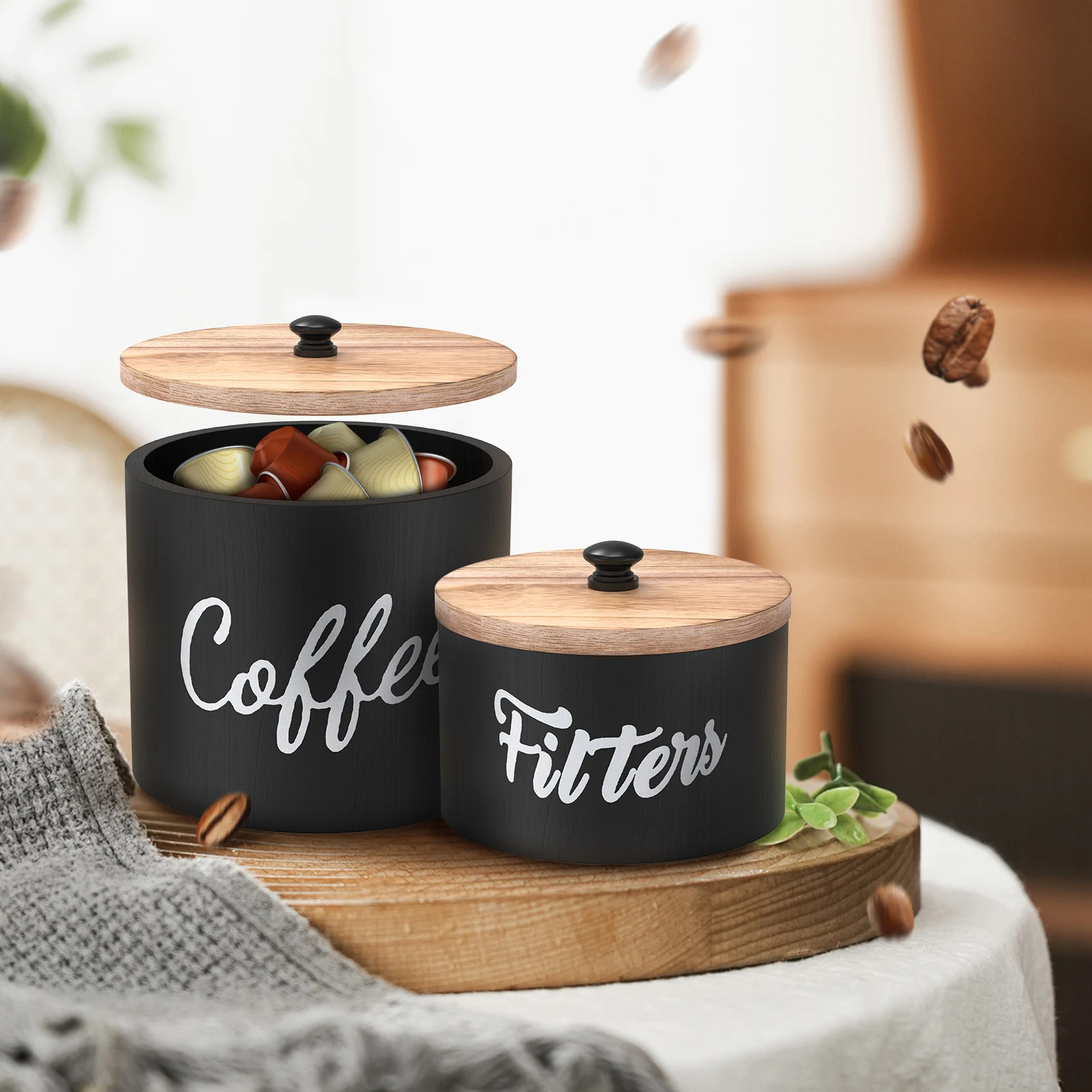 2 Stücke Holz Kaffeekapsel Aufbewahrungsbox mit Deckel Kaffeefilter Papierhalter Aufbewahrungsbehälter für Nespresso Dolce Gusto Kapsel