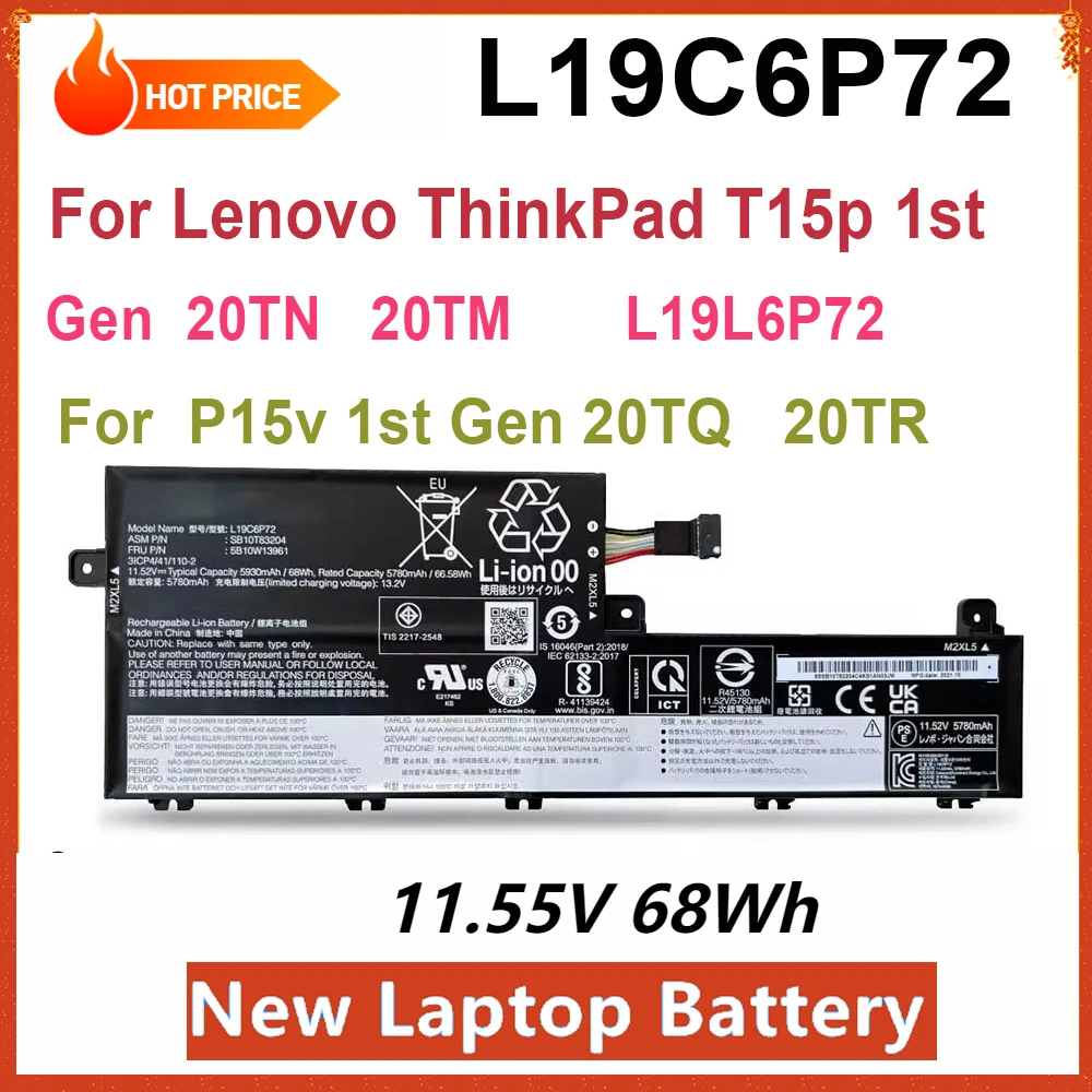 

New L19C6P72 Laptop Battery For Lenovo ThinkPad T15p 1st Gen 20TN 20TM P15v 1st Gen 20TQ 20TR SB10T83203 L19L6P72 SB10T83204