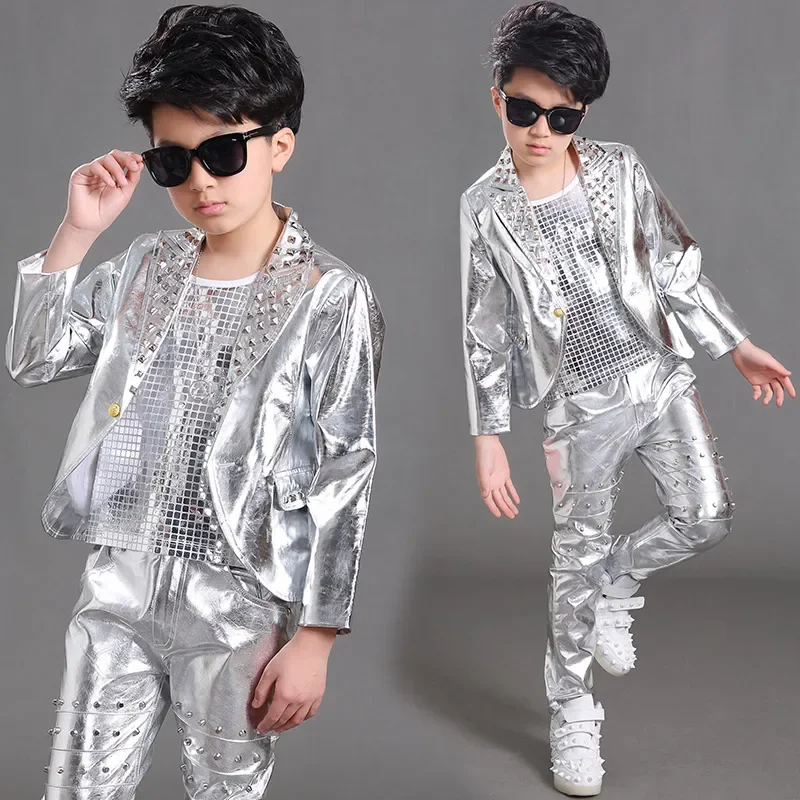 2020 Hip Hop Costumes Boys Long Sleeves Rivets Silver Coat Vest Pants Kids Jazz Performance Clothing Modern Stage Wear DNV14063