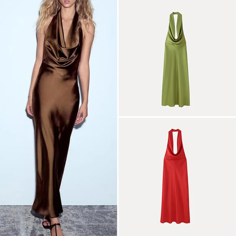 エレガントなシルクサテン背中の開いたミディドレス女性のスタイル春の新着 Z ブランドポリエステル繊維 00% エレガントなドレス