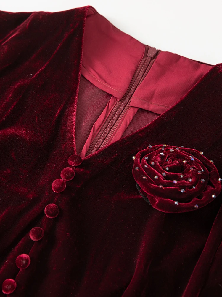 Seasixiang Women\'s V-Neck Long Sleeves Beading Appliques Vintage Velvet Dresses Fashion Autumn Female New