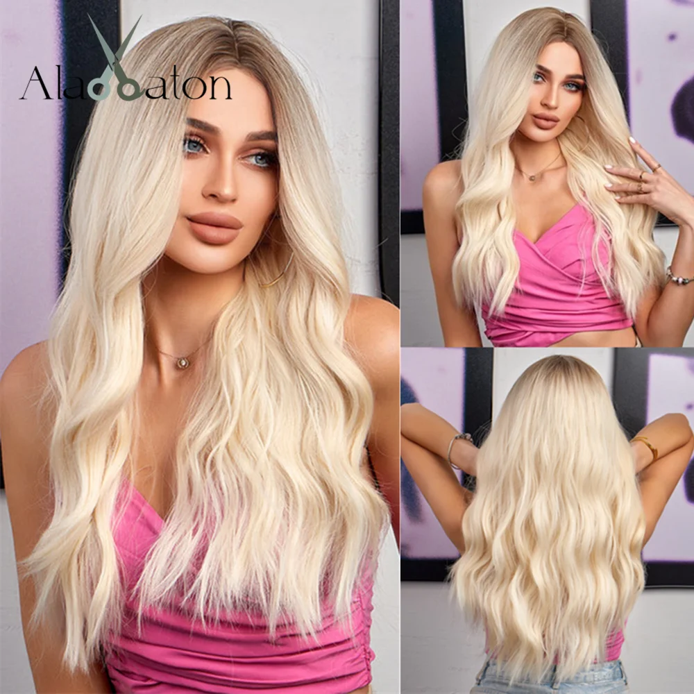 ALAN EATON Long Blonde Synthetic Wigs for Women Curly Hair with Dark Roots Middle Parting High Temperature Fiber Natural Looking