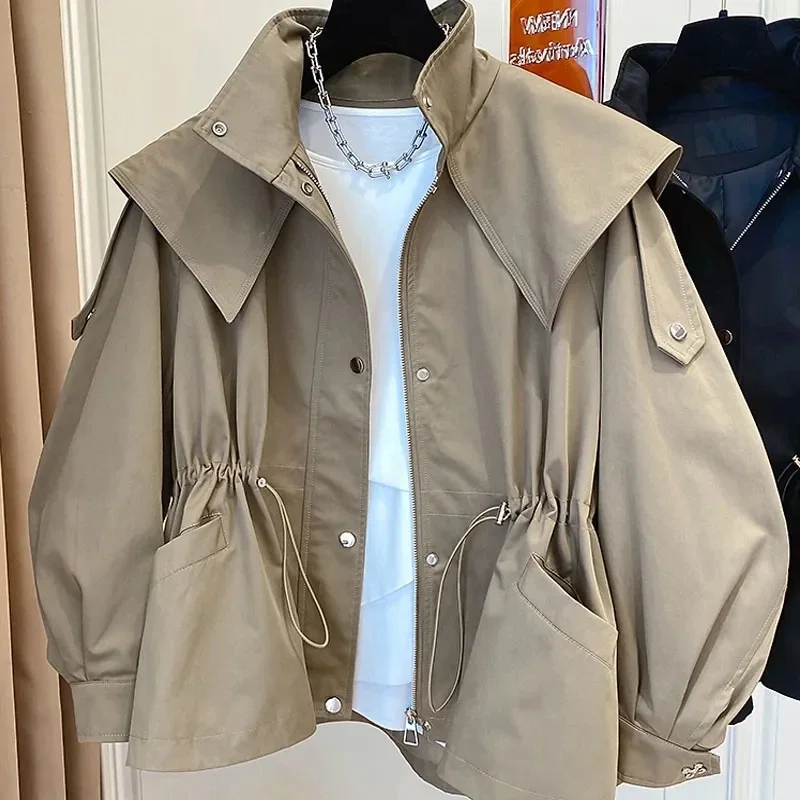

Spring Autumn Oversized Casual Waterproof Khaki Windbreaker Women Long Sleeve Hood Drawstring Zipper Jacket