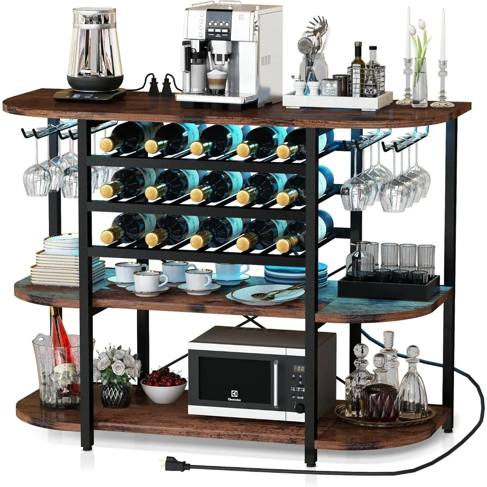 Bar Table Cabinet with Charging Station Wine Rack Freestanding Floor, 47'' Wine Rack Table with LED Light and Storage