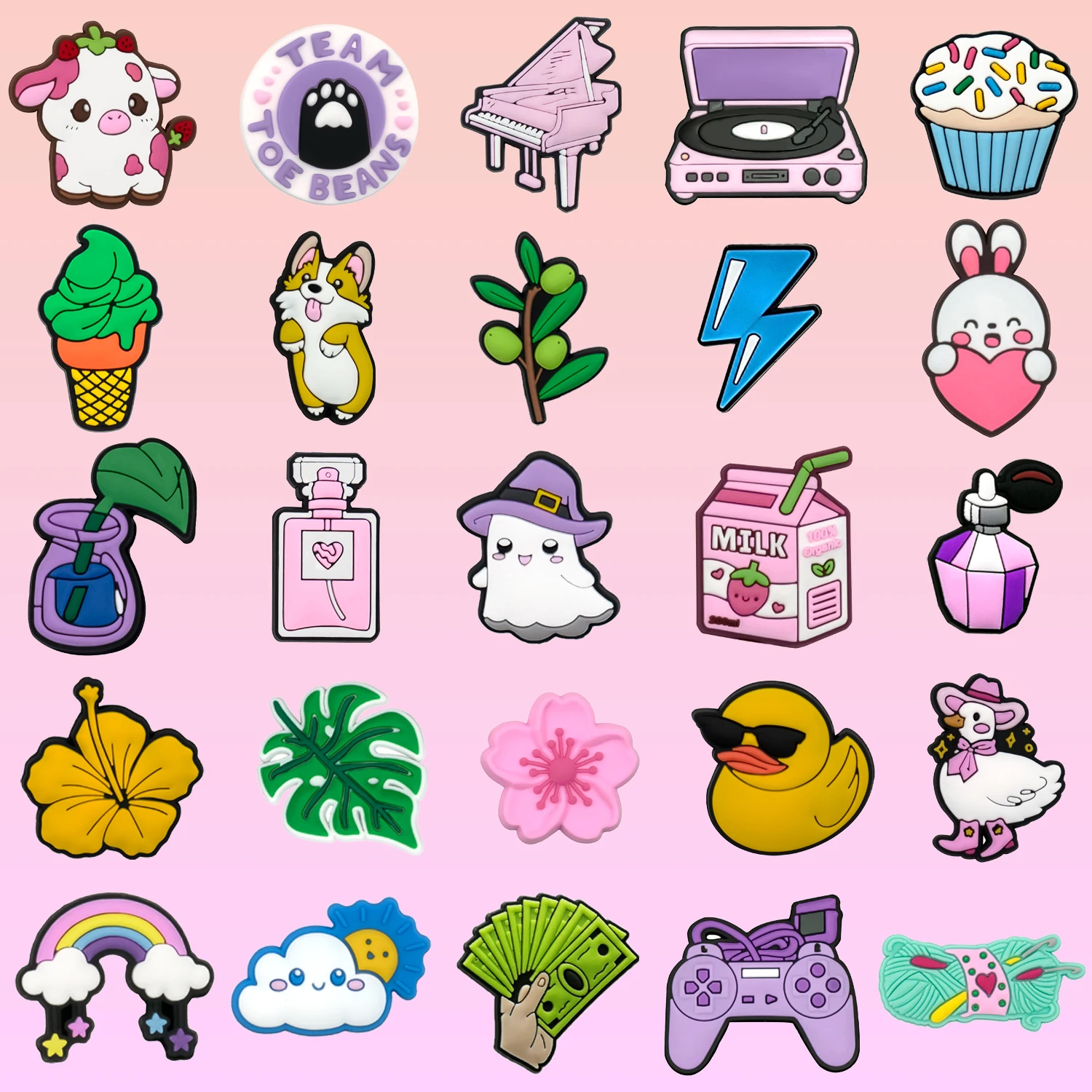 

1/25pcs Perfume Shoe Charms Pink Milk Flower Rainbow Shoe Accessories Cow Duck Dog Ghost Garden Sandals Decoration Pin Clog Jean