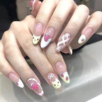 10pcs Almond Press On Nails With Pink Strawberry Bear Design Acrylic False Nails Cute French Full Cover Nail Tips Summer Girl Ne Best5 10pcs Almond Press On Nails With Pink Strawberry Bear Design Acrylic False Nails Cute French Full Cover Nail Tips Summer Girl Ne Best5