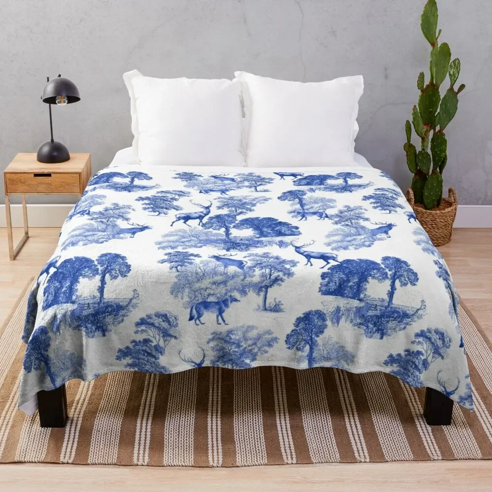 

Classic Blue French Toile Deer in Forest Countryside Pattern Throw Blanket Bed covers heavy to sleep Blankets