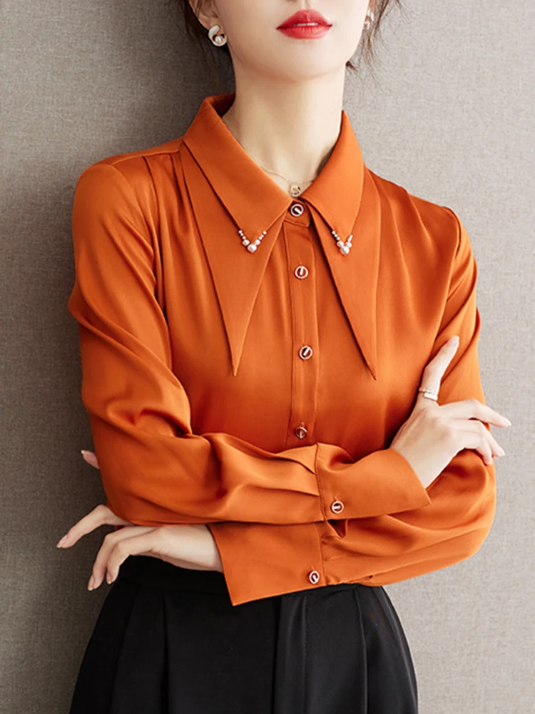 Chic Design Pointed Neck Turn Down Collar Bubble Long Sleeve Top Casual Shirt Women Clothing Solid Color Elegant Female Blouses