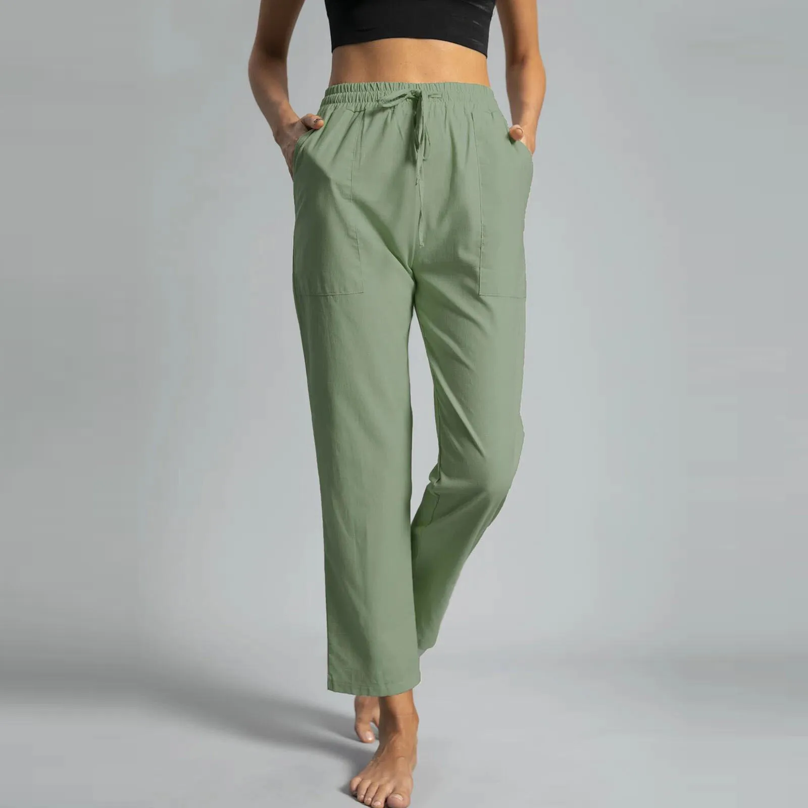 Solid Color Straight Pants Womens Elastic Drawstring Trousers High Waist Wide Leg Sweatpant With Pockets Pant Trendy Pantalone