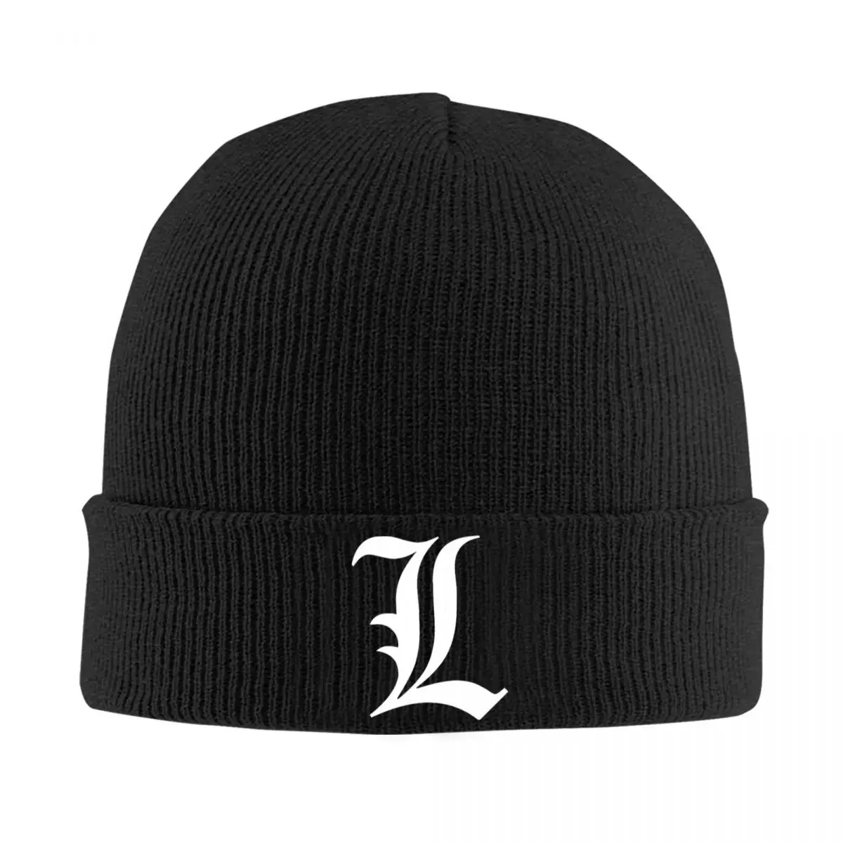 White Letter L Deaths-Notes Beanie Hats Bonnet Hats Female Male Vintage Gym Knitting Hat Autumn Winter Pattern Elastic Caps