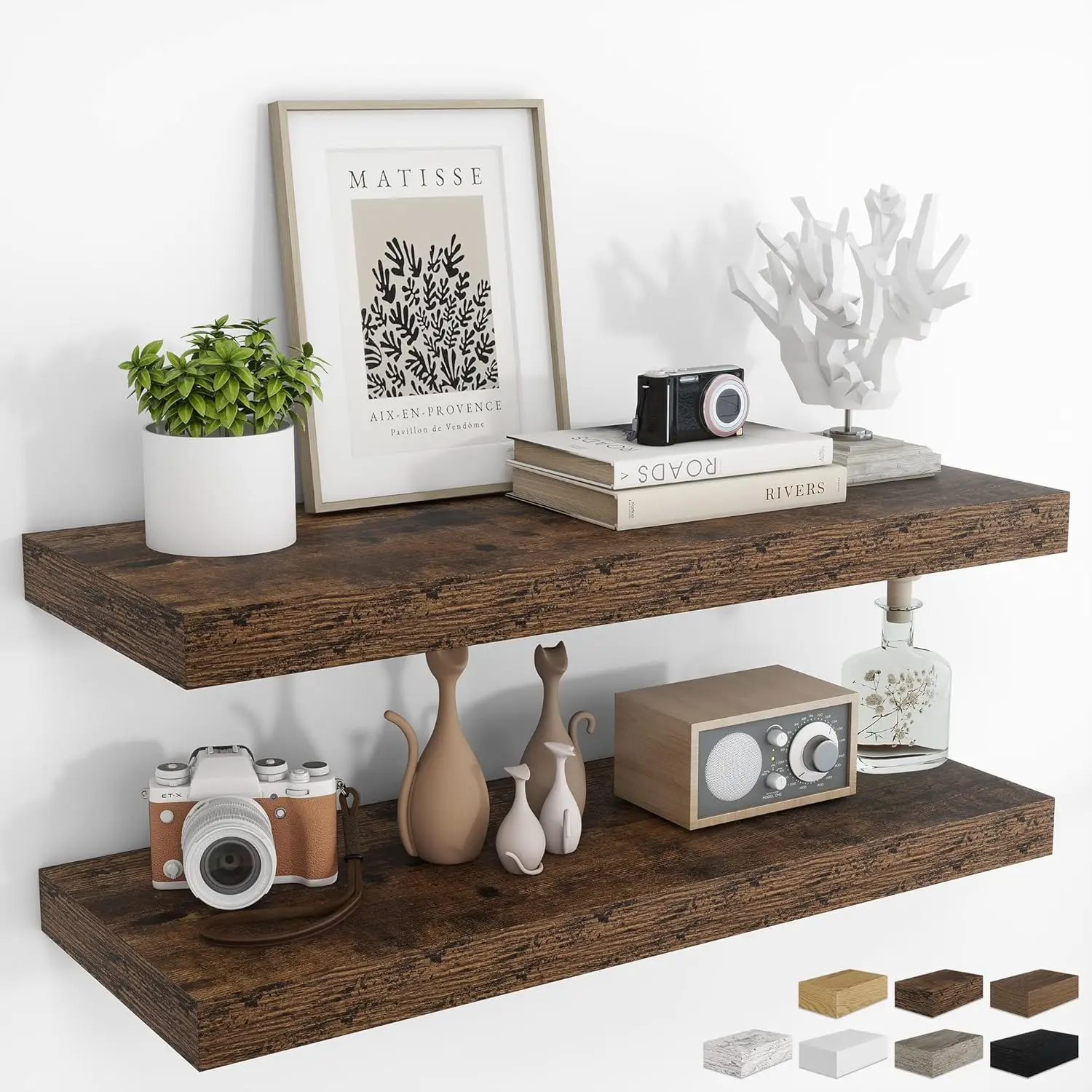 

36-Inch Floating Shelves Set of 2, Rustic Wood Wall Mounted with Invisible Brackets for Bedroom Kitchen Bathroom Storage Decor