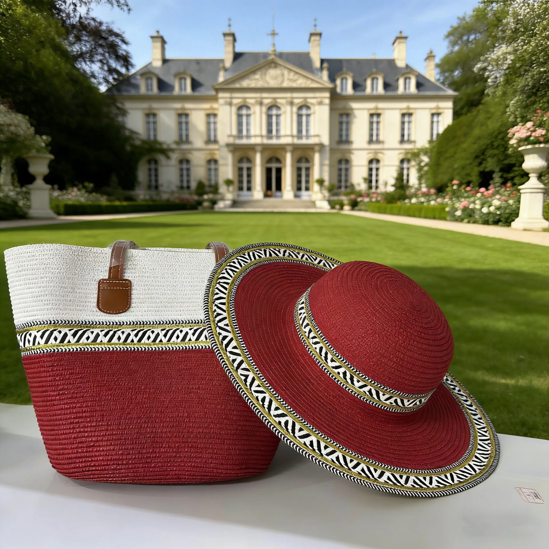 Bohemian ethnic style fake straw hat woven bag two-piece set sun hat fashionable tote bag set