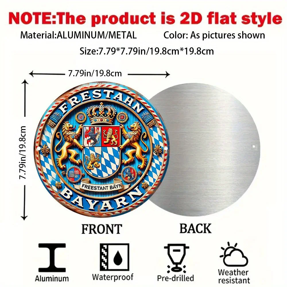 2D Flat, 1pc Bavaria Coat of Arms Sign - Freistarn Bayern Text - Vintage German Flag Colors (Blue, Red, Golden) - Heavy-Duty Alu