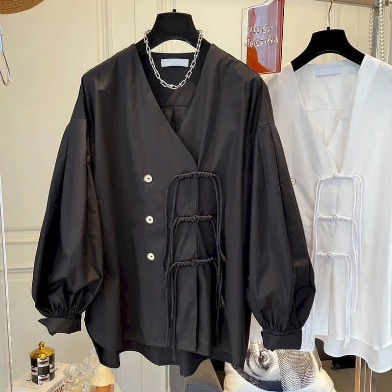 

Shirts for Women Tassel Buckle Summer Loose Casual Oversized Stripe V-neck Long Sleeve Korean Fashion Blouse Women Office Tops
