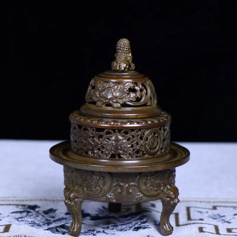 All-brass four mythical beast burner with embossed eight treasures and three-legged design, entrance decoration, incense