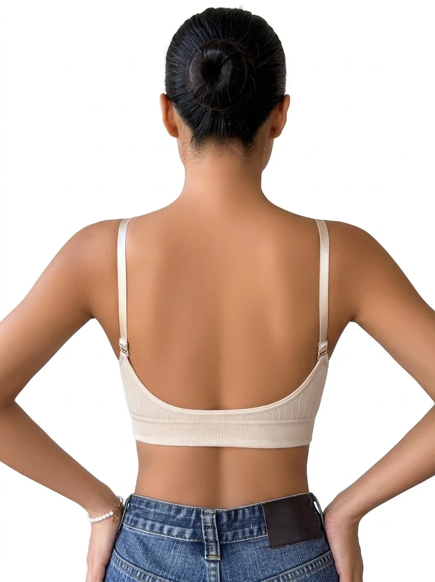 Women Ribbed Seamless Wireless Bra Adjustable Thin Straps Soft Padded Comfort Bralette Daily Underwear
