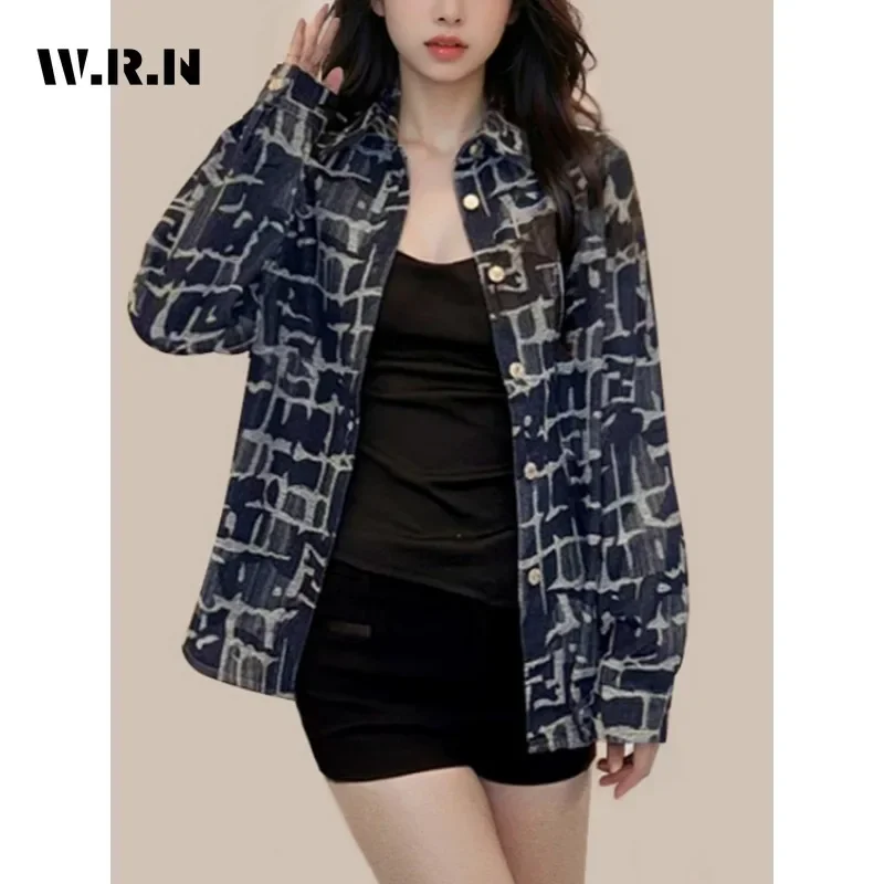 2024 Winter Korean Women's Luxury Single Breasted Loose Y2K Coat Casual Turn Down Collar Baggy Plaid Retro Chic Denim Jacket