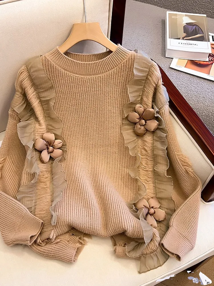 Women 3D Flower Vertical Pit Stripe Sweater Irregular Niche Design Harajuku Fashion Loose O-Neck Jumpers Pullover