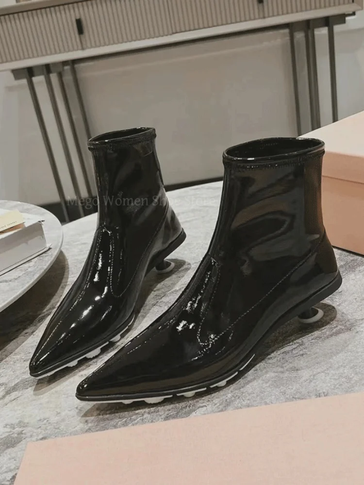 

French Style Pointy Kitten Heel Short Boots for Women Patent Leather Short Tube Thin Middle Heels Ankle Boots Fashion Booties