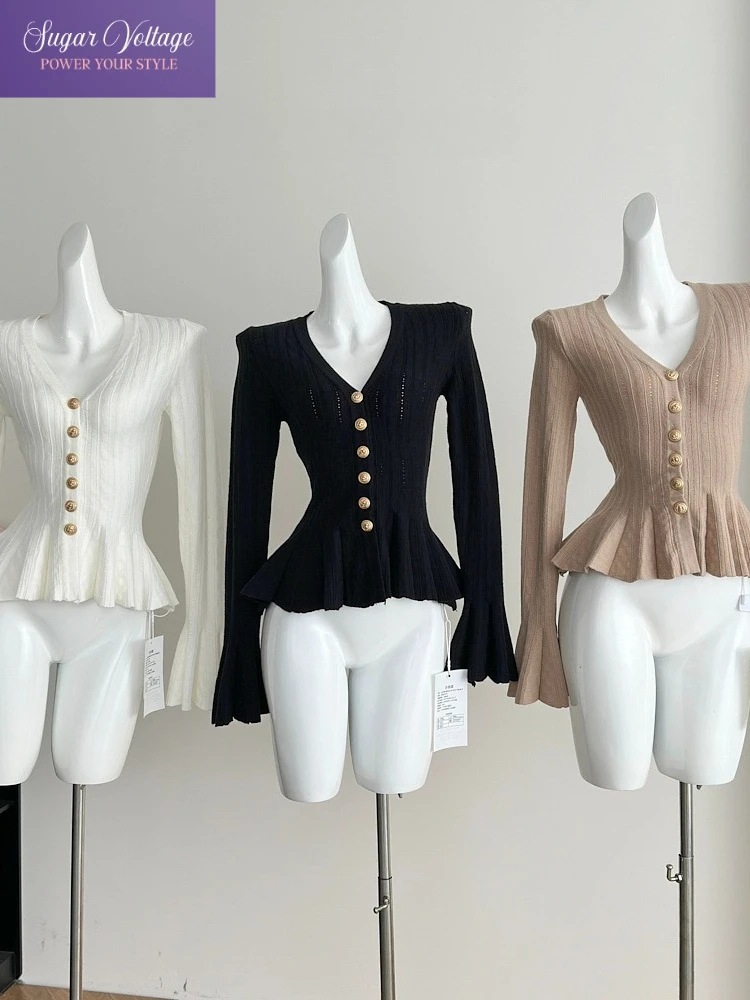 Cardigan en tricot à manches longues évasées et col en v pour femme, haut Vintage élégant, coupe cintrée, couleur unie, nouvelle mode coréenne Y2K, automne Y2k