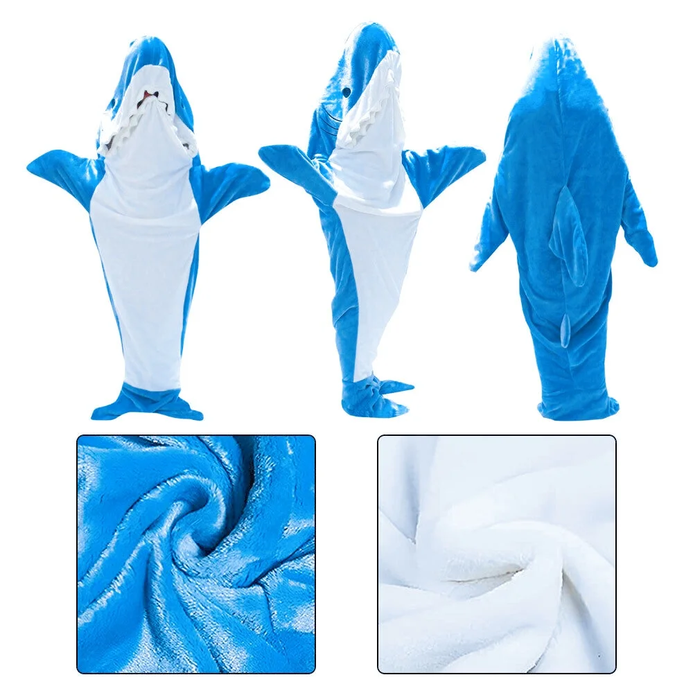 New Cartoon Shark Pajamas Playsuit Kids Parents Hooded Warm Flannel Blanket Pajamas Homesuit Funny Homewear For Slumber Party