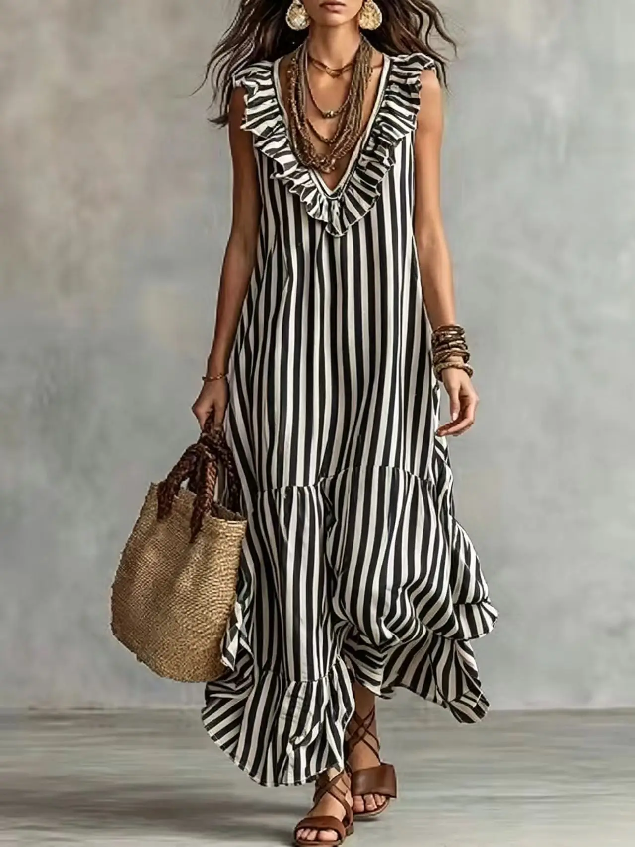 Bohemian Striped Ruffle V Neck Sleeveless Dress Summer Dresses Jumpsuit Playsuit 6