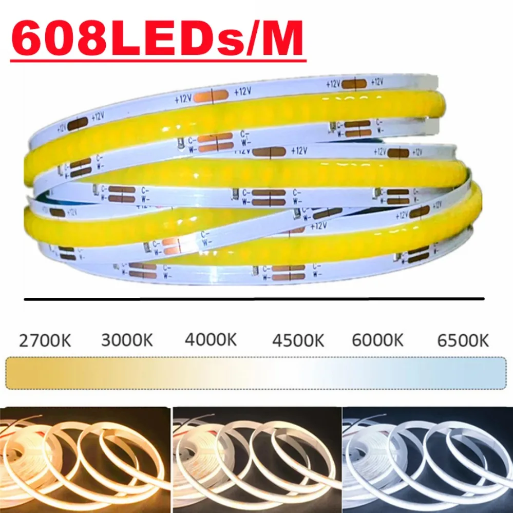 ริ้วสายไฟ LED 608 LED/m fcob CCT หลอดไฟ LED 10มม. ความหนาแน่นสูงหรี่แสงได้ RA90ทีวีบ้านของตกแต่งตู้ DC12/24V