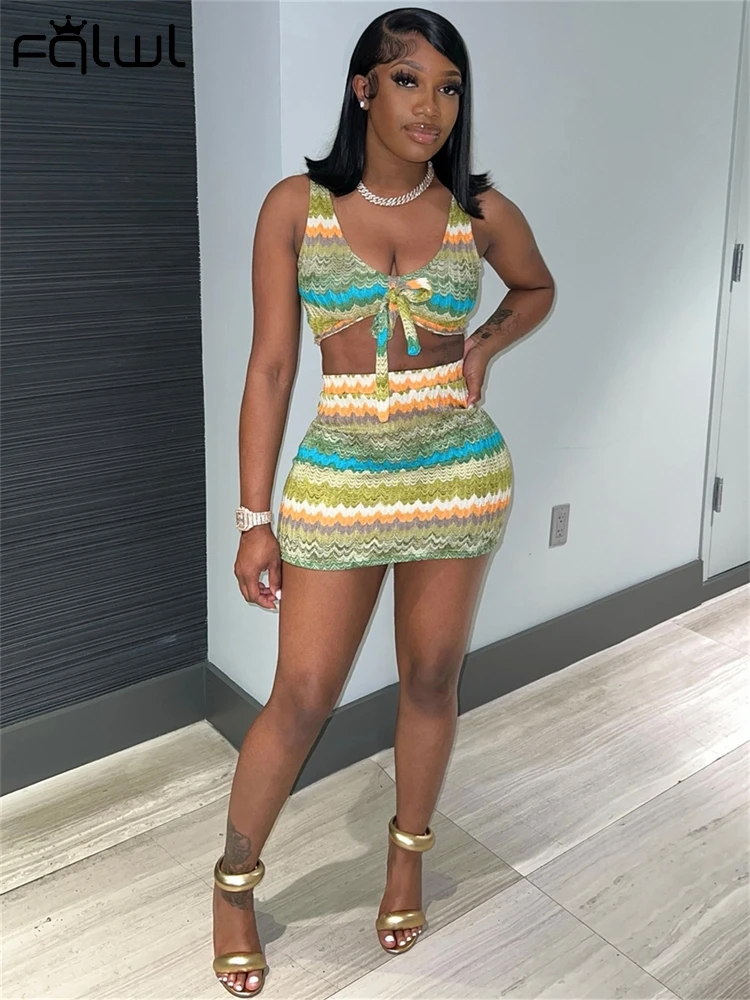 

Habbris Summer Multi Print Fashion Sexy 2 Piece Set Beach Outfits For Women 2024 V-Neck Sleeveless Crop Tops And Mini Skirt Set