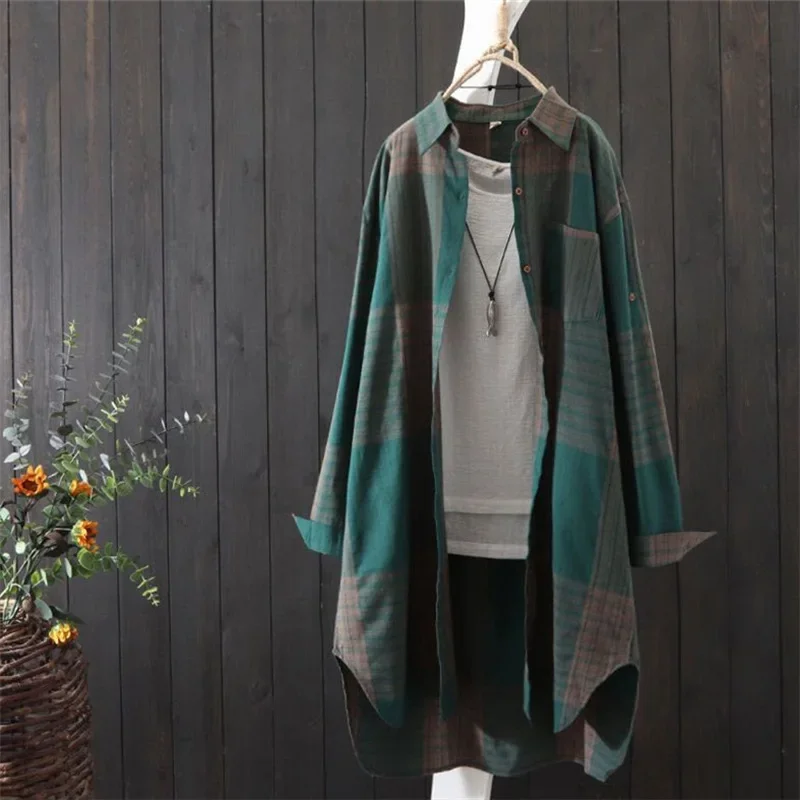 

Oversized Plaid Shirt Autumn Winter Women Vintage Long Sleeve Loose Turn-down Collar Shirt Fit Blouse Korean Style JJ1039